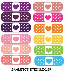 hearts and dots are arranged in different colors on the back of an adhesivee