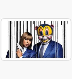 two people in front of a barcode sticker with the image of a cat and woman