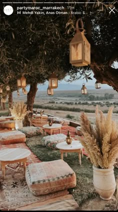 an outdoor dining area with tables and benches under trees, surrounded by grass and lanterns