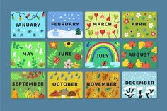 months of the year cards with flowers, trees, and rainbows on blue background