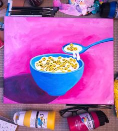 a painting of a bowl of cereal on a pink background