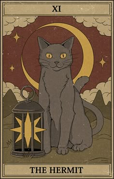 a black cat sitting next to a lantern on top of a tarot card with the moon above it