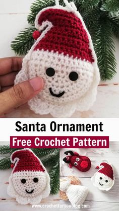 a crocheted santa ornament is shown with the text, free crochet pattern