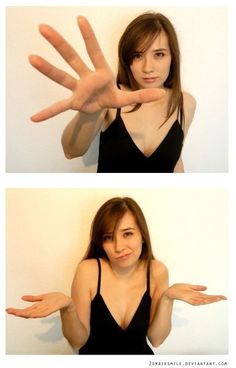 two pictures of a woman with her hands out to the side, and an image of someone's hand