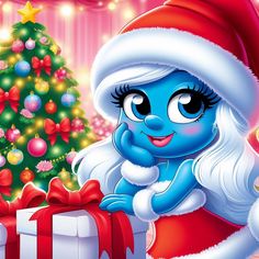 the smurf is holding a present near a christmas tree