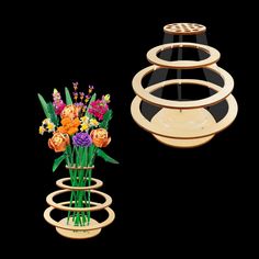 an arrangement of vases with flowers in them on a black background next to another set of plates