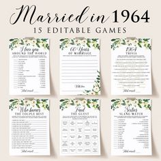 wedding games with flowers and greenery on them, set of six in black and white