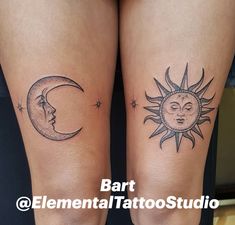 two sun and moon tattoos on both legs