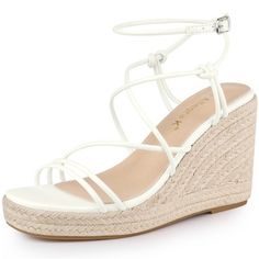 This beautiful espadrille sandal has strappy contoured cushioning and a supportive wedge heel give a long-lasting comfort. Flexible adjustment of the length of the rope to replace the unique design of the ankle strap. Strappy Lace up Sandals; Espadrille Design; Wedge Heels; Low Platform; Open Toe; Vamp: Faux Leather; Outsole: TPR; Heel: Espadrille+EVA; Heel Height: 3 8/9 inches; Platform Height: 1 inches. Summer Espadrille Heels With Cushioned Footbed, High Heel Synthetic Espadrilles For Spring, Synthetic High Heel Espadrilles For Spring, Adjustable Synthetic Wedge Heel Sandals, Beach Season Espadrille High Heel, Adjustable High Heel Synthetic Wedge Sandals, Adjustable High Heel Wedge Sandals In Synthetic Material, Strappy Summer Heels With Cushioned Footbed, Summer Strappy Heels With Cushioned Footbed