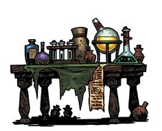 a table with various items on it and a sign hanging from the top that says science