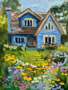 a painting of a blue house with flowers in the foreground