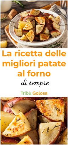 the cover of an italian cookbook with potatoes and other foods on it, including meats