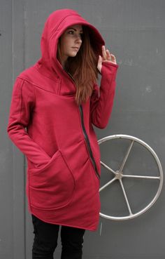 "Womens Hoodies, Red Sweatshirt, Plus Size Clothing Express Shipping to the USA, UPS Courier for free Delivery 3-5 Business Days Thanks for your love for the Hoodie/Coat ♥ About this product... Zip up sweatshirt hoodie. An asymmetrical sweatshirt with capacious and comfortable pocket and side hidden pocket. Long sleeve sweatshirt with thumb holes which make it warm and comfortable. Wide and capacious hood :) Good quality, soft fabric which stretches slightly to fit your body and is therefore ver Red Fall Sweatshirt With Kangaroo Pocket, Red Hooded Coat, Asymmetrical Sweatshirt, Pixie Outfit, Old Sweatshirt, Plus Size Hoodie, Coat Plus Size, Zipper Sweatshirt, Comfy Clothing