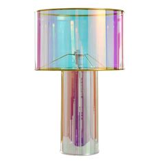 a multicolored table lamp with a gold base and shade on the bottom half