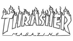 the thrash magazine logo is shown in black and white, with flames coming out of it