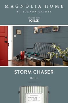 an advertisement for storm chaser, featuring a bench and flowers in front of a red door