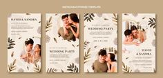 three wedding banners with an image of the bride and groom kissing on their foreheads