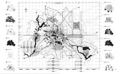 a black and white drawing of a map with lines, dots and shapes on it