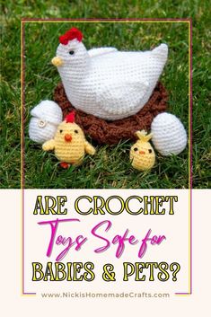 there are crochet toys for babies and pets on the grass with text overlay that says are crochet toys for babies and puppies?