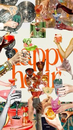 a collage of people holding up glasses and champagnes with the words happy hour