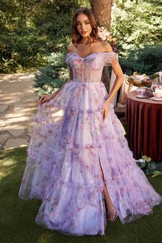 Andrea & Leo A1286 OFF THE SHOULDER FLORAL A-LINE GOWN Lilac Off The Shoulder Prom Dress, Beautiful Feminine Dresses, Renfaire Outfits, Camila Core, Lavender Floral Dress, Garden Party Dresses, Whimsical Dresses, Lavender Wedding Dress, Andrea And Leo