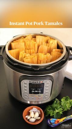 instant pot pork tamales in the crock pot and next to it is a bowl of onions