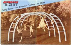 an old photo of two children playing in the grass under a white arch with ladders