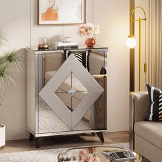 a living room scene with focus on the sideboard and mirror cabinet in the corner