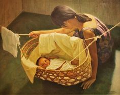 a painting of a woman holding a baby in a basket with clothes hanging from it