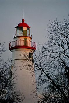 a white and red light house surrounded by trees