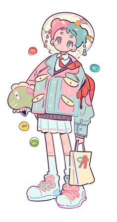 a drawing of a girl holding a stuffed animal and shopping bags with bubbles floating around her