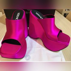 Versace Sabot In Fuchsia Satin Canvas And Platform. Perfect Brand New Never Been Worn. Full Inclusion.No Lower Offers Are Accepted, Thanks For Looking Luxury Pink Mules For Summer, Luxury Pink Summer Mules, Luxury Pink Mules For Evening, Luxury Pink Open Heel Mules, Party Platform Clogs With Closed Toe, Modern Pink High Heel Mules, Party Clogs With Synthetic Material, Designer Pink Leather Mules, Luxury Pink Mules For Spring