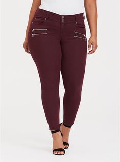 Plus Size Multi-Zip Jegging - Burgundy Wash, PORT ROYALE Jean Jeggings, Stretchy Jeans, High Rise Denim, Plus Size Jeans, Washed Jeans, Premium Denim, Burgundy Red, Second Skin, Distressed Jeans