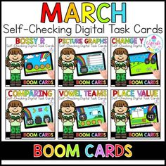 march self - checking digital task cards for boom cards with pictures and text on them