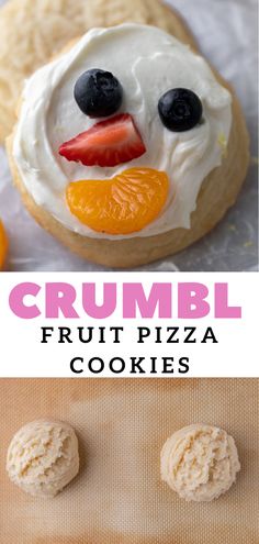 an image of fruit pizza cookies with frosting on them and the words crumbl