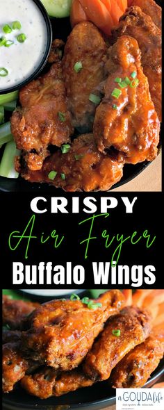 crispy air fryer buffalo wings with ranch dressing and cucumbers on the side