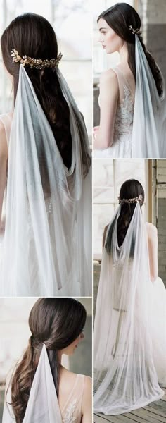 four pictures of different hairstyles with veils on top and one in the middle