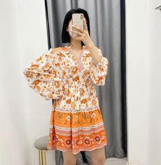 Style: SweetPattern: PrintingProcess: Collage/splicingSkirt length: middle skirtWaist: high waist (CM) shoulder bust Sleeve Skirt long S 36 100 59 83 M 37 104 60 84 L 38.5 110 61.5 85.5 Please check the size chart carefully before you buy the item, if you don't know how to choose size, please contact our customer service.As you know, the different computers display colors differently, the color of the actual item may vary slightly from the following images. White Floral Patchwork Dress For Spring, Long Sleeve Floral Patchwork Summer Dress, White Floral Patchwork Dress For Vacation, Orange Patchwork V-neck Dress, Orange Tiered Skirt Dress For Spring, Floral Print Mini Dress With Lantern Sleeves, Orange Tiered Skirt Dress For Vacation, Spring Mini Length Patchwork Dresses, Orange Floral Print Skirt For Day Out