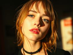 a close up of a woman wearing a necklace