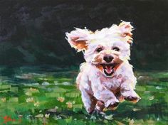 a painting of a small white dog running in the grass with its mouth open and tongue out