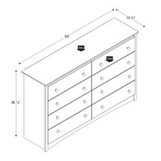 a drawing of a dresser with drawers and knobs on the bottom, measurements for each drawer