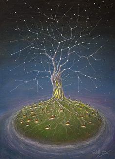 a painting of a tree on top of a hill with stars in the sky above it