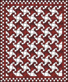 a red and white quilt with black squares on the bottom, one square in the middle