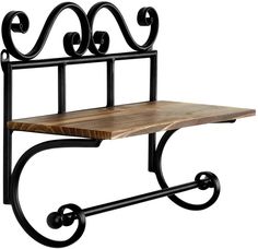 Rustic Burnt Wood Storage Shelf with Black Metal Vintage Scrollwork Design & Paper Towel Roll Holder-MyGift Wall Mounted Kitchen Storage, Burnt Wood Finish, Wall Shelf Rack, Metal Paper Towel Holder, Wood Storage Shelves, Storing Spices, Shelf Paper, Kitchen Paper Towel, Burnt Wood