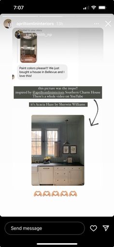 an email message is displayed on the screen above a photo of a kitchen and dining room