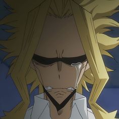 an anime character with blonde hair and glasses looking at something in front of the camera