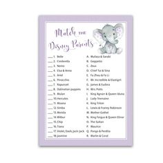 a purple and white baby shower game with an elephant on the front, which reads maid to