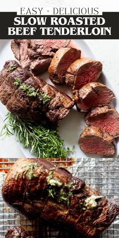 steaks and potatoes on a grill with the words easy delicious slow roasted beef tenderion