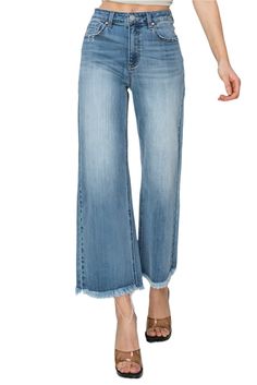 Risen Jeans - High Rise Frayed Ankle Wide Jeans - RDP1025 - SaltTree Wide Jeans, Long Pants, High Jeans, Medium Blue, High Rise, Spandex, Pants, Trousers