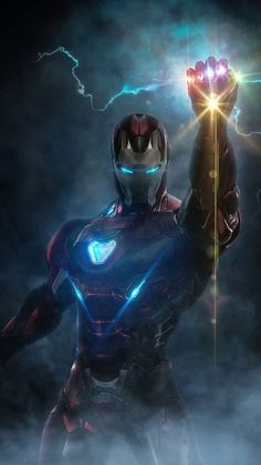 an iron man standing in the clouds with his hand up and lightning behind him,